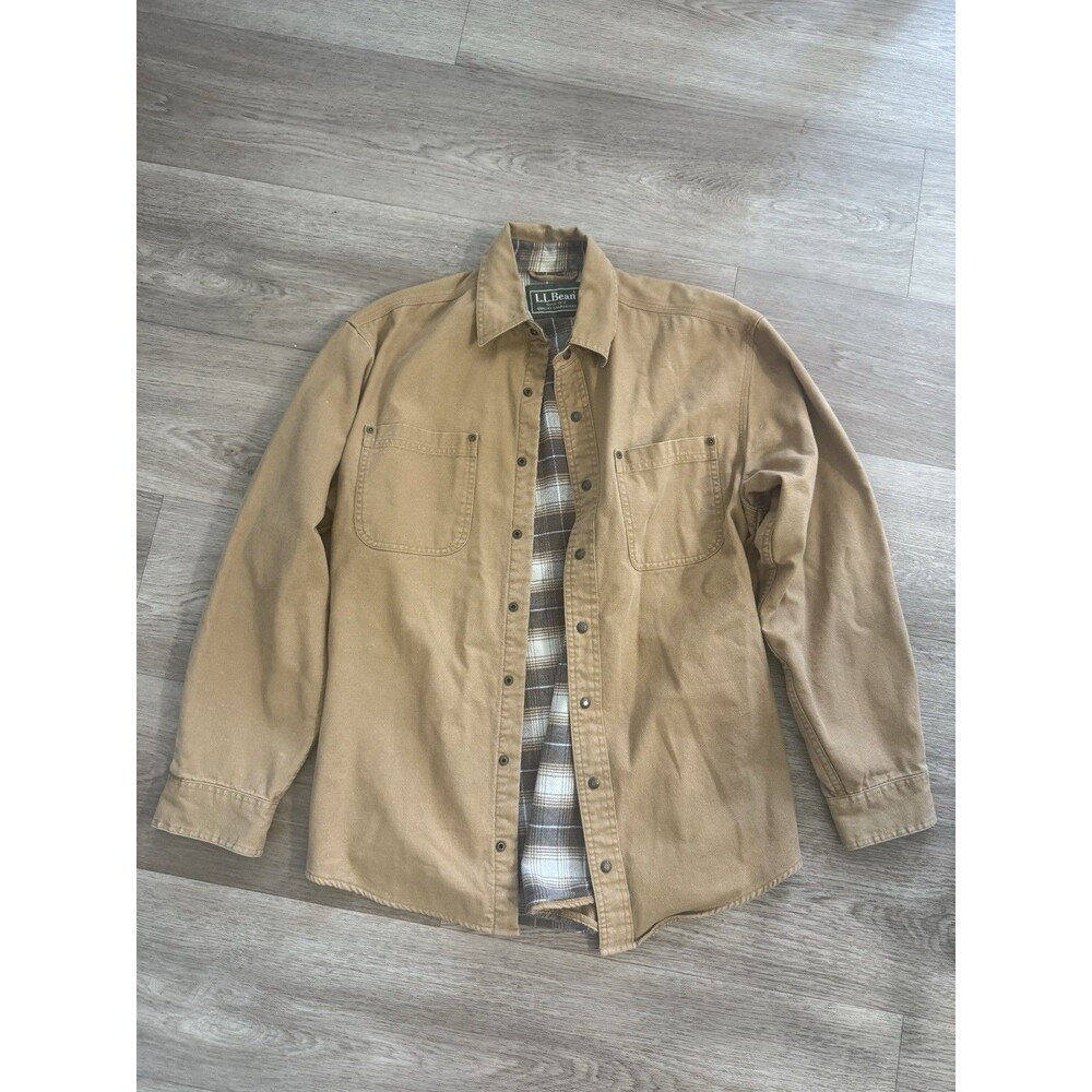 LL Bean men’s medium Chore Coat Flannel Lined Camel Outdoor Workwear Snap Up